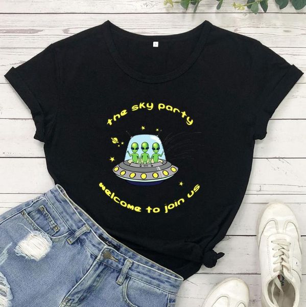 

women's t-shirt the sky party welcome to join us tshirt alien tee funny letter graphic print women fashion casual t shirt, White