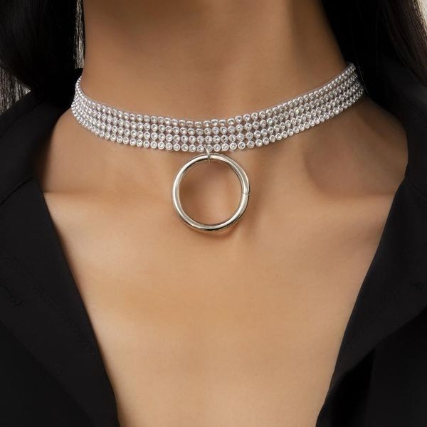 

chokers punk 4 rows dot rhinestone wide choker geometric circle loop charm pendant necklace silver color chunky ring statement jewelry, Golden;silver