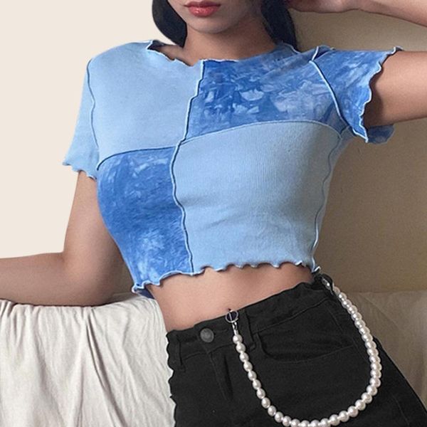 

women's t-shirt patchwork women t shirt ruffle frill tie dye short sleeve cropped street o neck casual tees party summer t-shirts, White