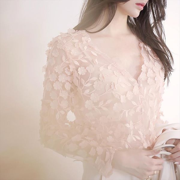 

3d flowers petal chiffon women shirt perspective gauze v neck floral hook hollow ol cardigan lace long sleeved blusas, White