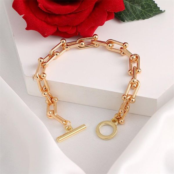 

link, chain en punk silver color thick bracelet for women couple creative hip hop vintage handmade birthday jewelry gift, Black