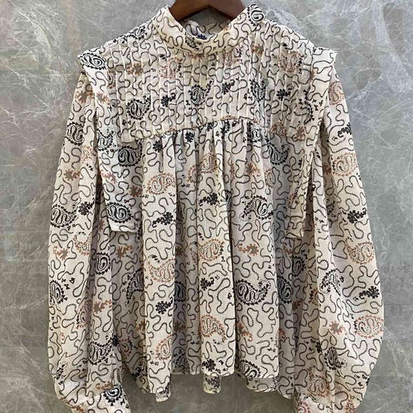 

women's suits & blazers suit spring women pleated blouse ladies vintage printed stand collar long puff sleeve loose shirt and loyd, White;black