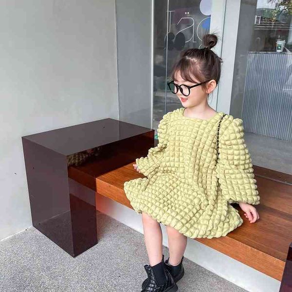 

children's autumn and winter girls bubble check dress baby french long sleeve princess skirt, Red;yellow
