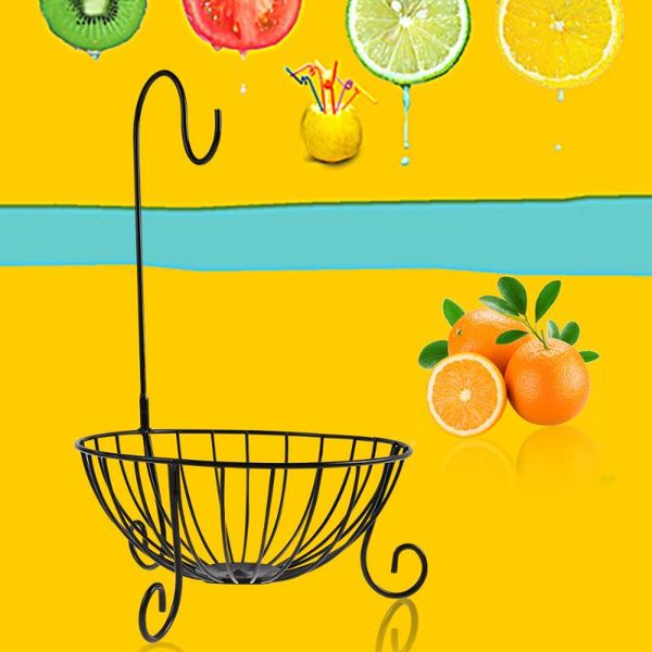 

storage baskets novelty kitchen metal fruit basket with detachable banana hanger holder hook (black)