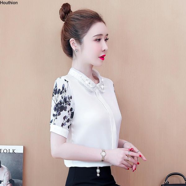

women's blouses & shirts chiffon loose casual blouse fashion short sleeve ink printing shirt summer houthion, White
