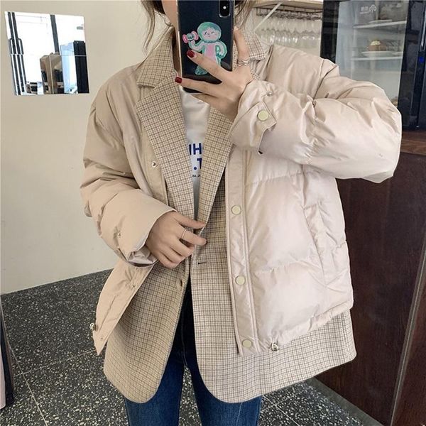 

fashion casual fake two plaid notched parkas women elegant loose single breasted coats spring cotton jackets ladies women's down &, Black