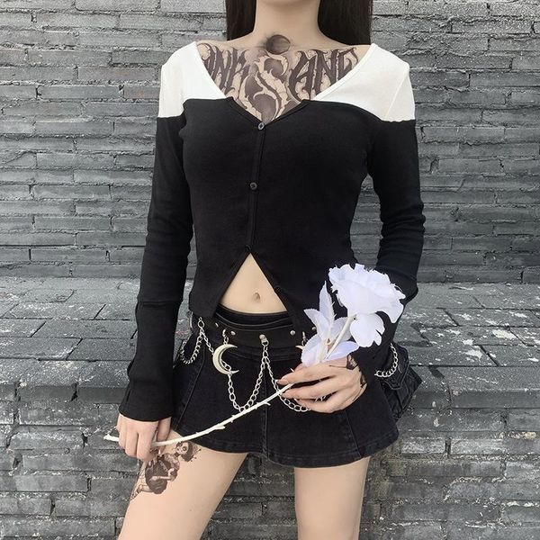 

women's t-shirt contrast color goth cool basic women button long-sleeve fashion tshirt street casual 2021 autumn v neck knit lady, White