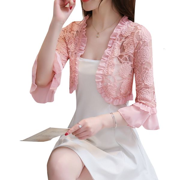 

women's jackets basic coat summer style perspective shawl fashion hollow out lace flare sleeve short coats female s3yl, Black;brown