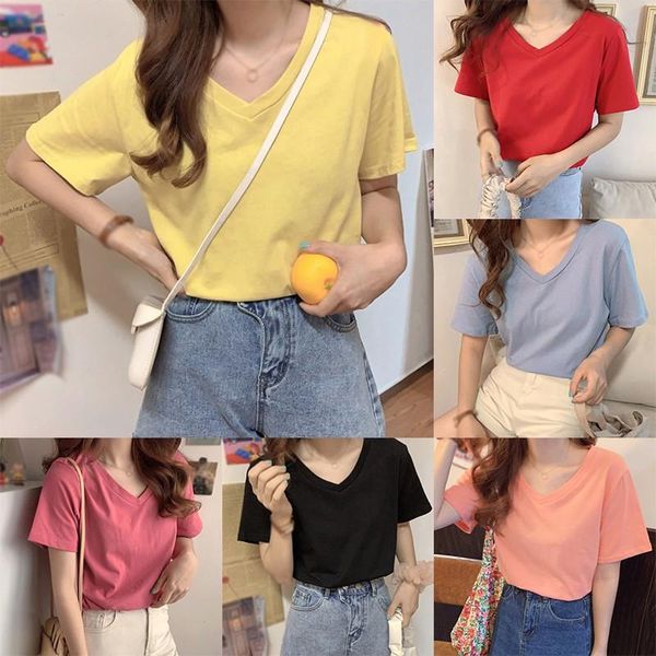 

women's t-shirt summer korean style wild slim solid color casual short-sleeve v-neck top, White