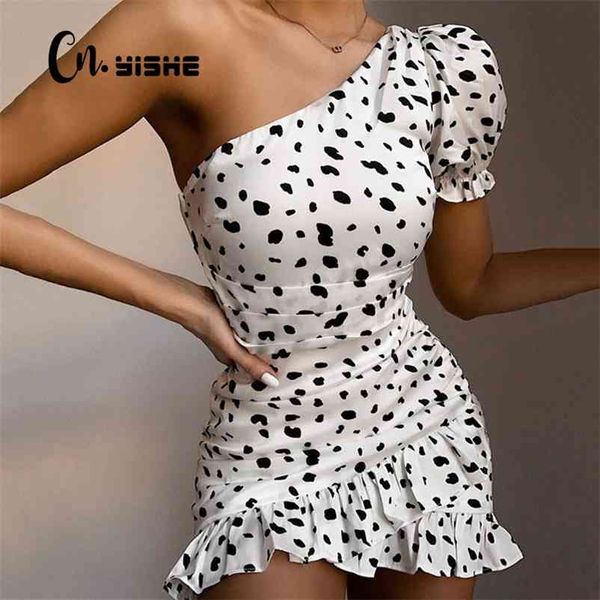 

cnyishe summer ruffled print one shoulder dres fashion party ruched slim female streetwear boho mini dresses vestido 210719, White;black