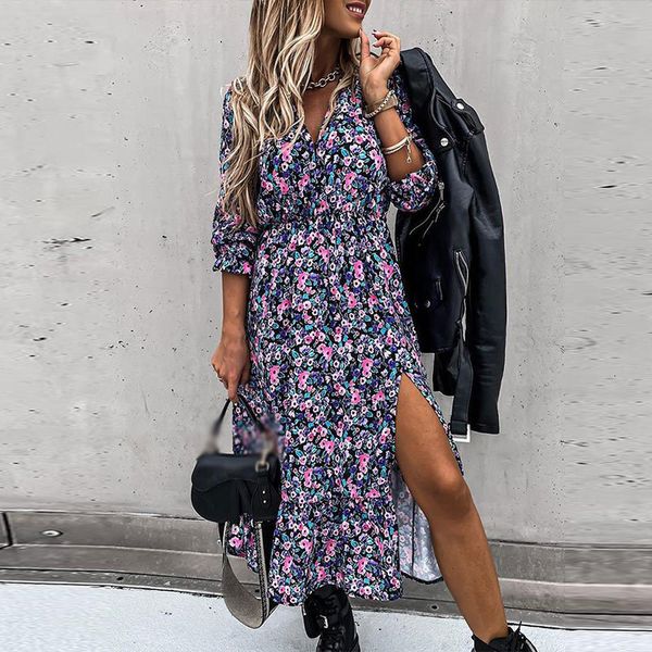

casual dresses floral print women's side split long dress summer v-neck sleeve buttons women trend spring ladies clothes vlt1, Black;gray