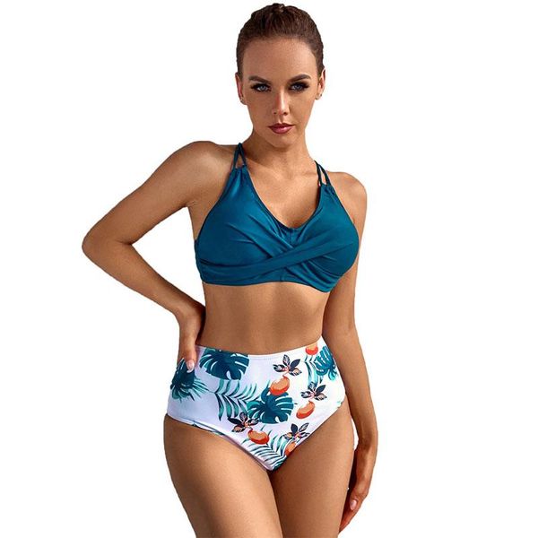 

women's swimwear swimsuit women print bikinis high waist bathing suit beach wear 2 piece criss cross, White;black