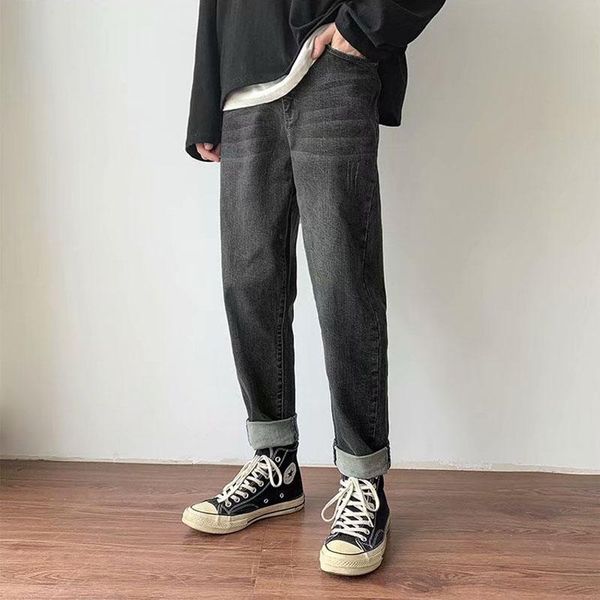 

men's jeans trendy denim spring and autumn brand hong kong style loose straight pants handsome long slim feet pencil, Blue