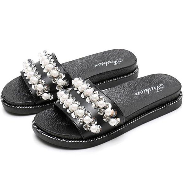 

spring and autumn pearl women's slippers flat bottom leisure fashion word sandals outdoor shoes, Black