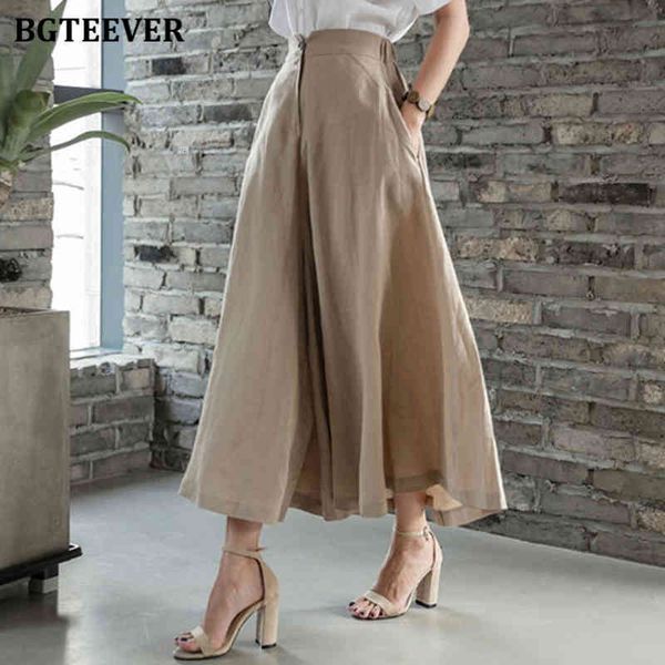 

skirts casual high waist a-line women summer button pockets cotton and linen female long skirts q8st, Black