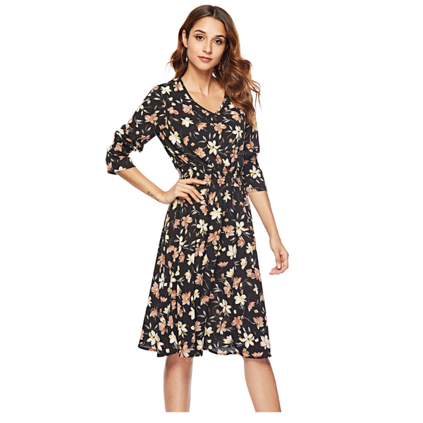 

casual dresses the 2021 floral print dress with cropped sleeves and v-neck 69009-9, Black;gray