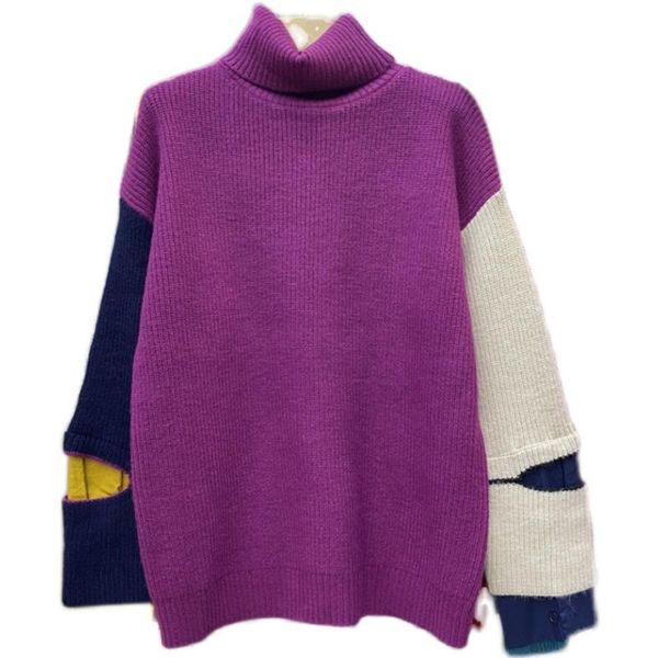 

[ewq] thick patchwork full sleeve turtleneck sweater 2021 autumn hollow stitching design european ladies multicolor clothing women's sw, White;black