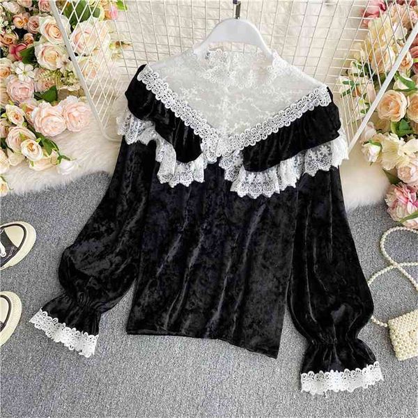 

women autumn blouse stand collar velvet shirts niche ruffles lace stitching loose long-sleeved female blusa gx1075 210507, White