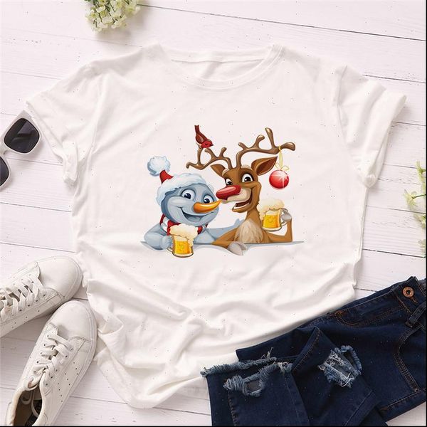 

short sleeve christmas tshirts womens cartoon elk print xmas clothes tees, White