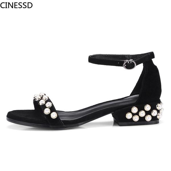 

women string bead sandals luxury pearl decoration thick heels open toe ankle strap ladies shoes woman, Black