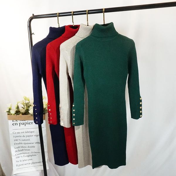 

knitted dress long sleeve women tracksuits slim bodycon button high neck mid length sweater dresses female elastic knit vestidos, Gray