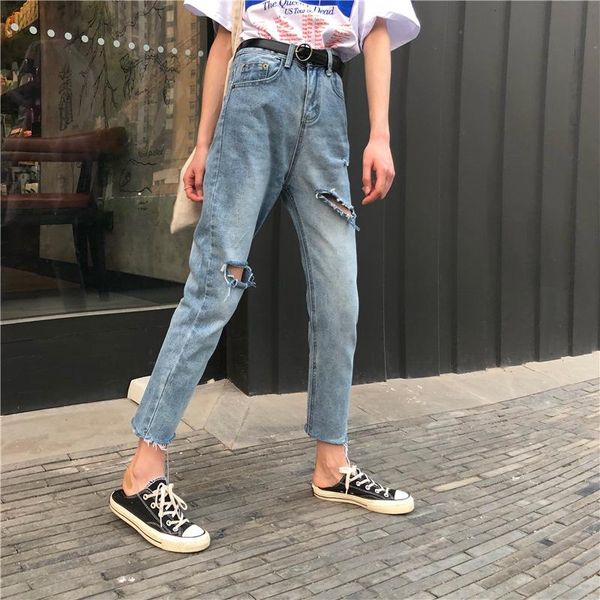 

hole straight womens jeans office lady high waisted korean denim washed feminino women's, Blue