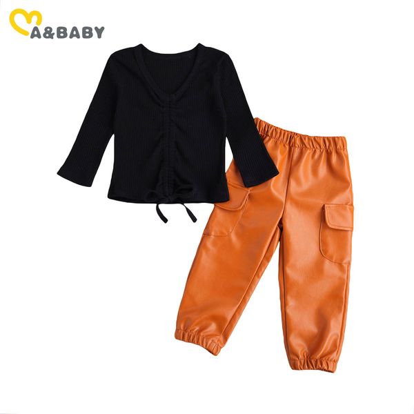 2-8Y Frühling Herbst Kinder Kind Mädchen Kleidung Set Bandage Langarm T-shirt Top Pu Leder Hosen Outfits Kostüme 210515