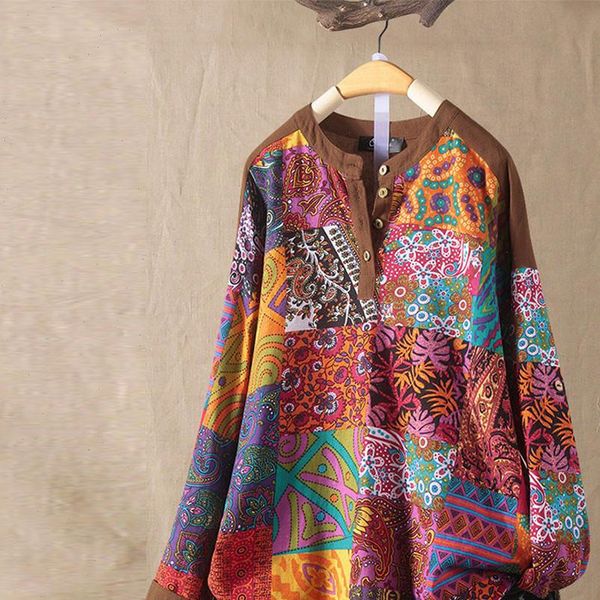 

womens blouses 5xl plus size print ladies long sleeve cotton clothing o neck button loose vetement femme blusa, White