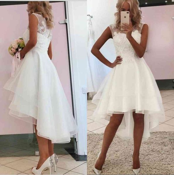 

2021 new simple short beach wedding dress sheer crew neck lace organza layered high low vestido de noiva bride gown, White