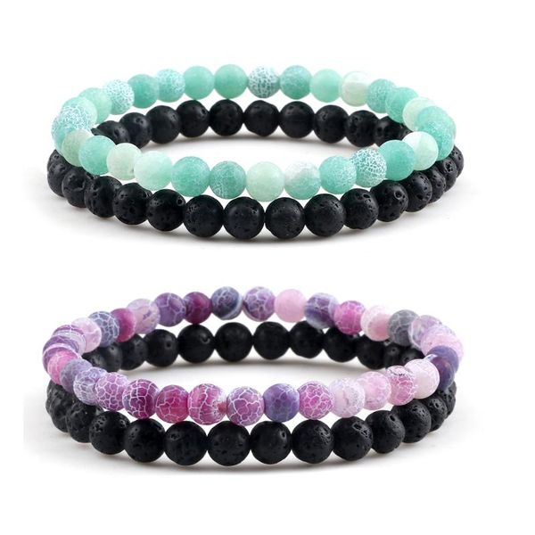 

beaded, strands 2pcs/set minimalist 6mm weathered stone lava natural bracelet couple elastic bangles jewelry gift for friend pulsera, Black