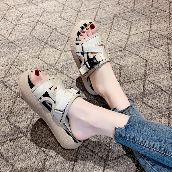

leopard platform slippers women thick sole sandals summer buckle open toe slides leisure beach black beige