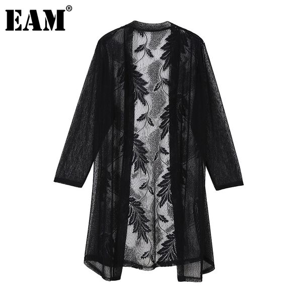 [Eam] Mulheres Black Lace Malha Longa Trincheira V-Collar Manga Três-quartos Solta Windbreaker Moda Primavera Verão 1d8705 21512