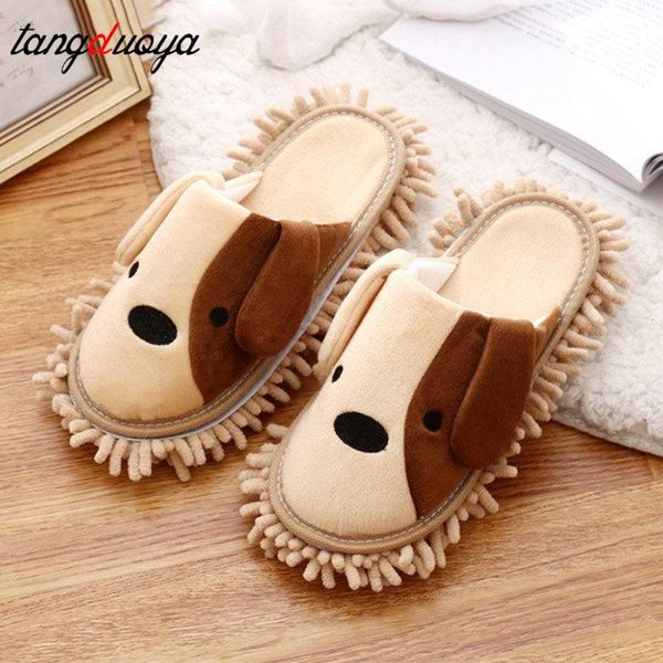 

slippers 1pair lovely dog home dust mop kitchen bathroom house floor cleaning shoes cute puppy cleaner warm, Black