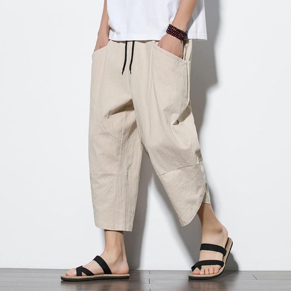 

men's pants 2022 men chinese style cotton linen harem short mens retro streetwear beach shorts male casual calf--lenght trousers, Black;brown