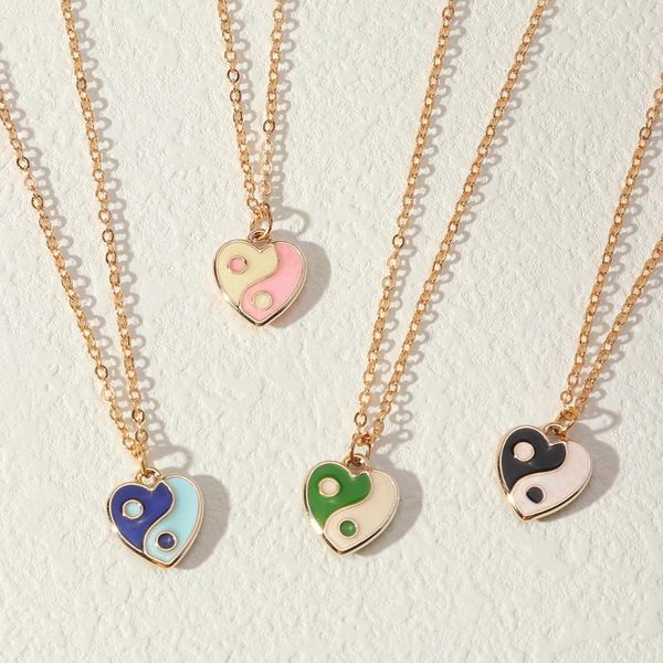 

pendant necklaces lovely heart necklace chokers for women sweet cute enamel yin yang clavicle statement jewelry, Silver