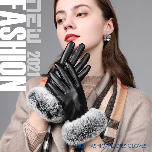 

fashion design ladies gift pu leather rabbit hair warmth driving gloves, Blue;gray