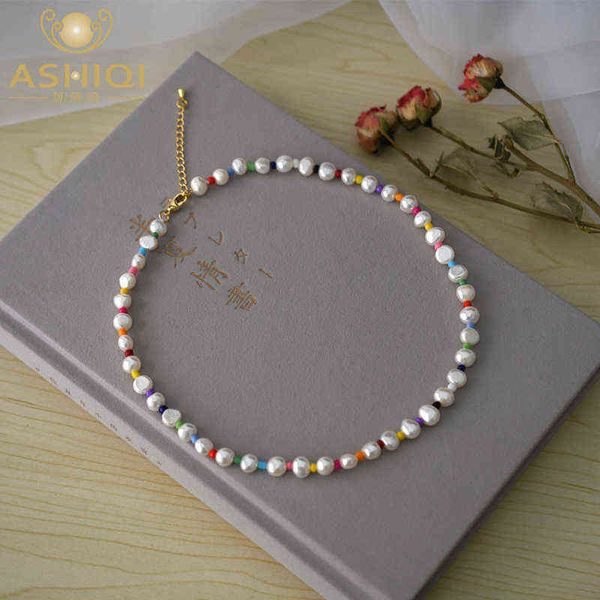 

ashiqi 7-8mm natural freshwater baroque pearl necklace fashion colorful beads girl gift with gold-plated buckle y1217, Silver
