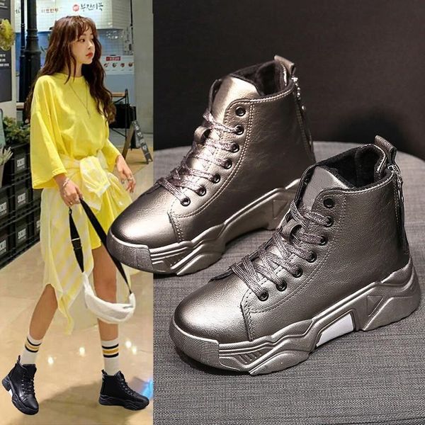 

boots solid black leather female lace up ankle for women shoes woman chunky sneakers warm plush winter plus size