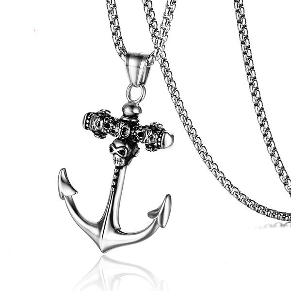 

antique silver plated skull anchor pendant necklace mans hip hop jewelry