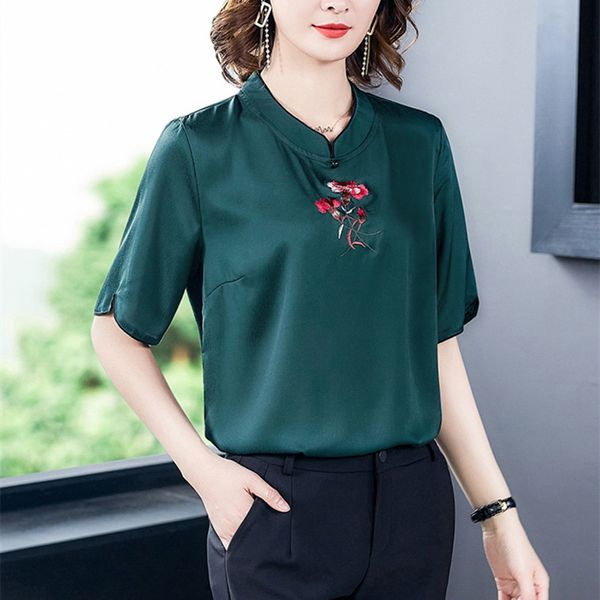 

korean silk blouses women satin shirt embroidery plus size woman floral blouse blusas femininas elegante 210427, White
