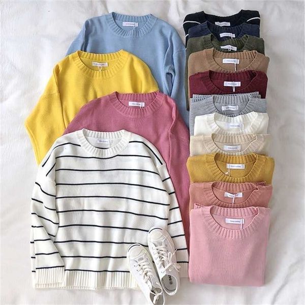 

causal knitted round neck women sweater ladies autumn winter fashion korean long sleeve loose pullover soft warm 211217, White;black