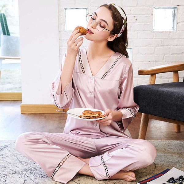 

yaoting ice silk housewear women's summer long sleeve pajamas two piece suit tz610 nightdress homewear for girls womens underwear, Black;red
