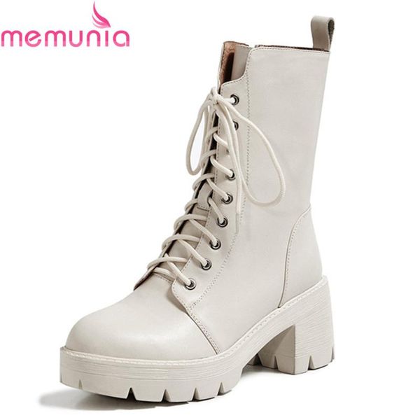

boots memunia 2021 big size 33-41 women genuine leather thick high heels platform autumn winter ankle rice white, Black