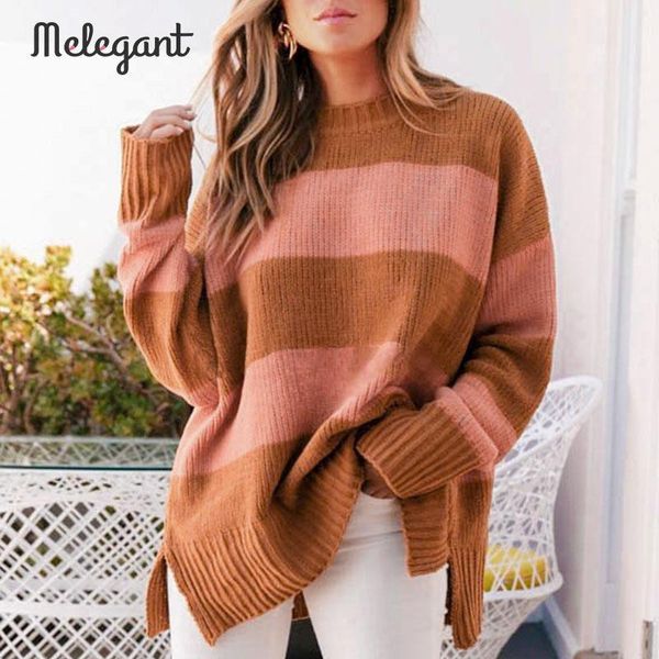 

women's sweaters melegant stripe patchwork loose casual winter sweater women knitted knitwear femme pullover plus size, White;black