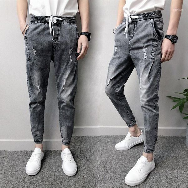 

wholesale 2021 fashion denim hip hop elastic waist harem pants teenagers cowboys men's summer grey jeans small feet ripped holes1, Blue