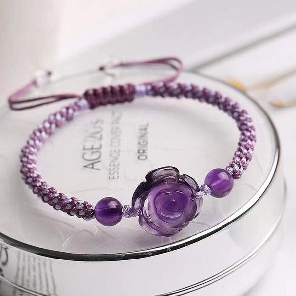 

wholesale purple natural crystal hand weaving flower beads bracelet for women present bangle ethnic fashion jewelry joursneige beaded, stran, Black