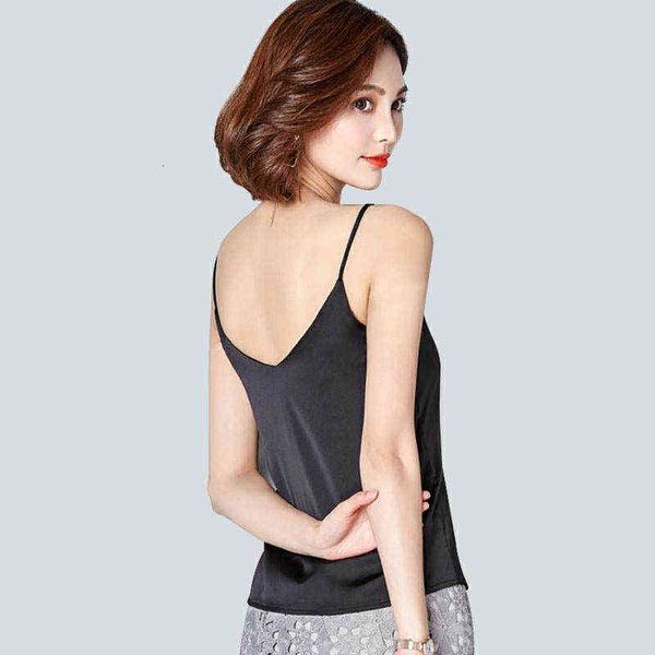

women's t-shirt simulated summer vt women's v-neck sleevels ice silk solid color sling, White