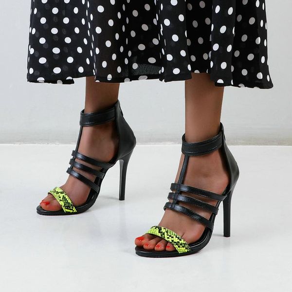 

plus size 34-45 pu leather women thin high heel shoes fashion open toe sandals zipper dress summer, Black