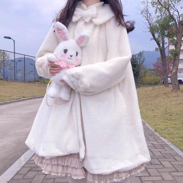 

japanese lolita coat women 2021 winter kawaii faux furry cute padded warm fake fur soft sister plush shawl over women's, Black