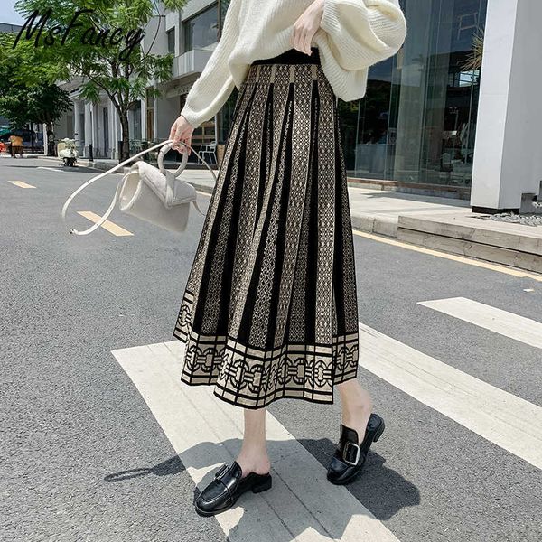 

black pleated knitted skirt women vintage high waist mujer faldas plus size casual midi jupe 210604